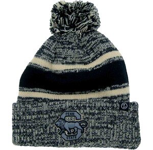 heather navy knit hat with pom and embroidered Penn State, large S, and lion